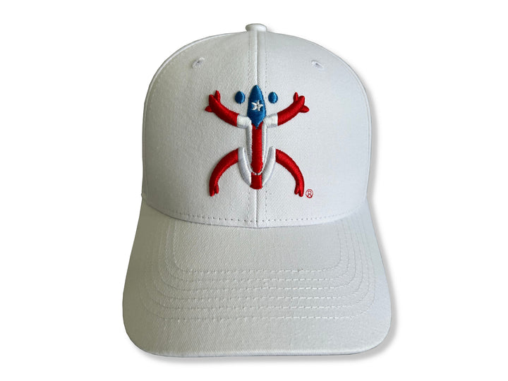 Stylish White Broqui hat featuring the iconic Coquí symbol in Puerto Rico colors, inspired by Puerto Rican heritage.